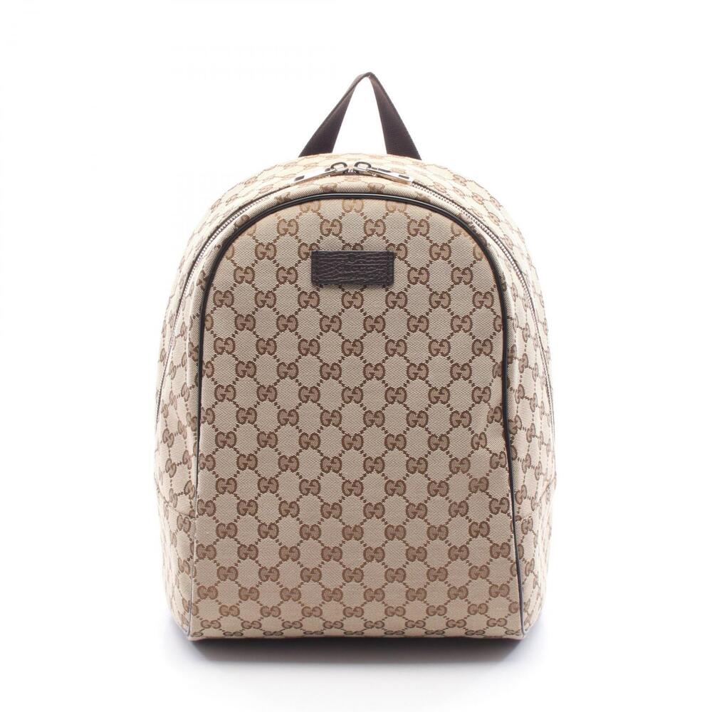 Gucci GG Canvas Backpack Rucksack Bag Leather Beige Cream Brown